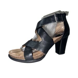 Sofft Black Leather Crisscross Strappy Block Heel Sandals Buckle Ankle Strap
